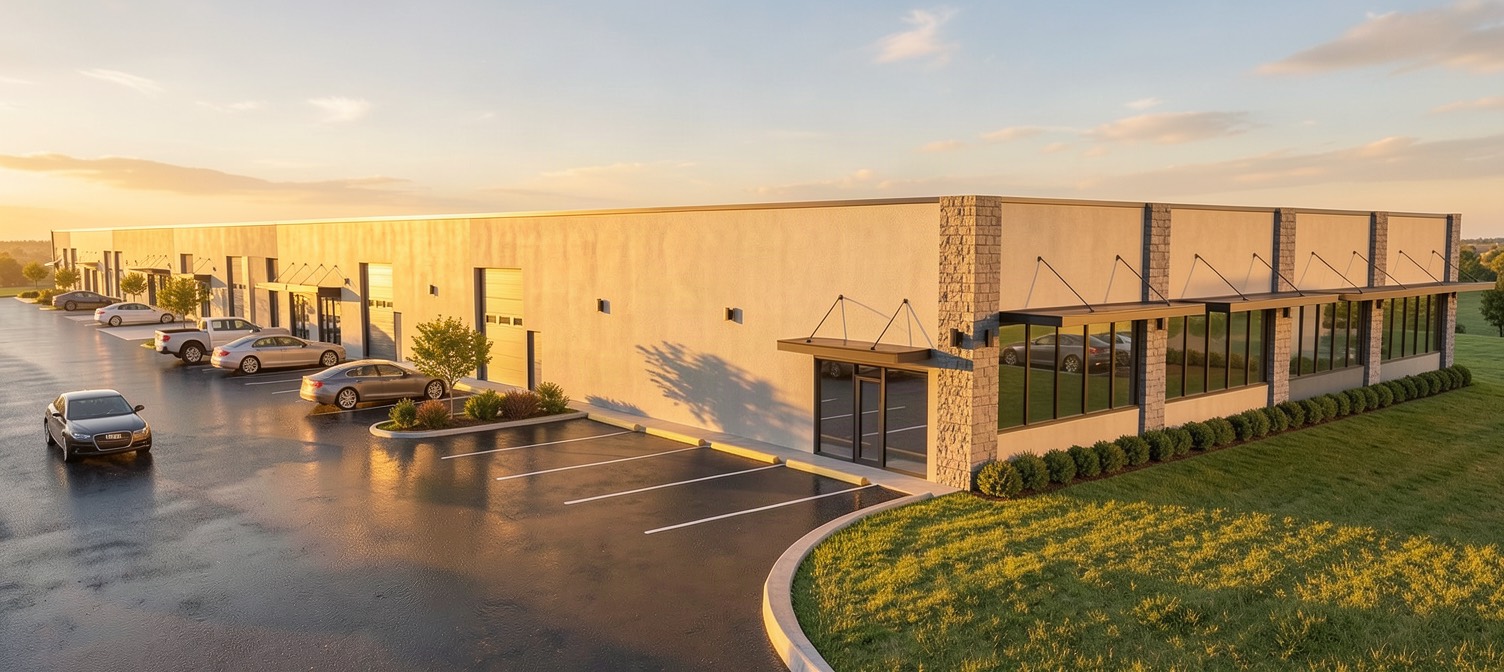 Palmetto Business Park at sunset: a long flex-industrial building with storefront entrances, stone piers and parking along the front.